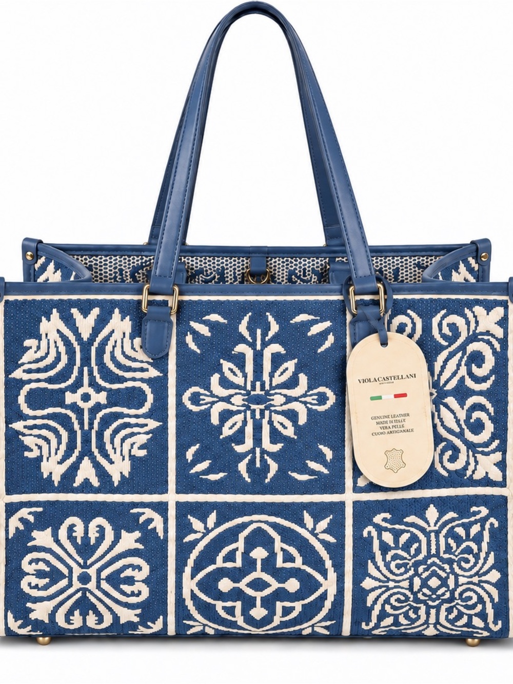 Blue & White Embroidered Tile-Print Tote